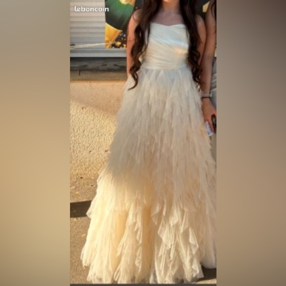 ☀️NWT AKIRA Beige Divine Tube Maxi Dress satin top tulle tiered skirt prom L